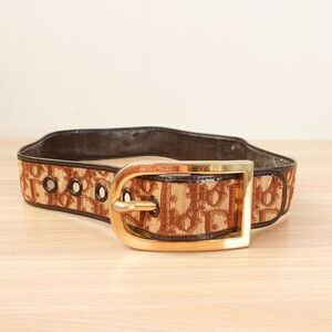DIOR Belt XS 26 Leather Logo Canvas Brown Gold Buckle Chunky Monogram Diorissimo